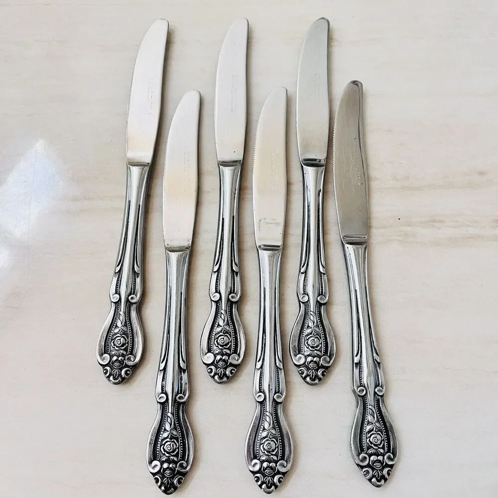 6pc Mona Lisa Lifetime Guaranteed Stainless Dinner Knife 8 3/8” Roses Japan